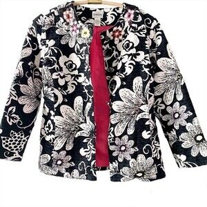 Chico's Floral Black White Blazer Snap Button Pink Liner 0 Small